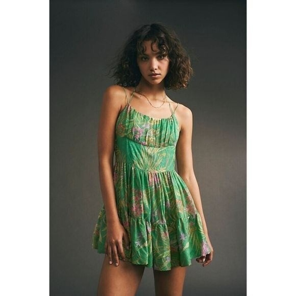 Delfi Collective Jacky Mini Dress Green Tropical Floral‎ Metallic Jacquard S NEW